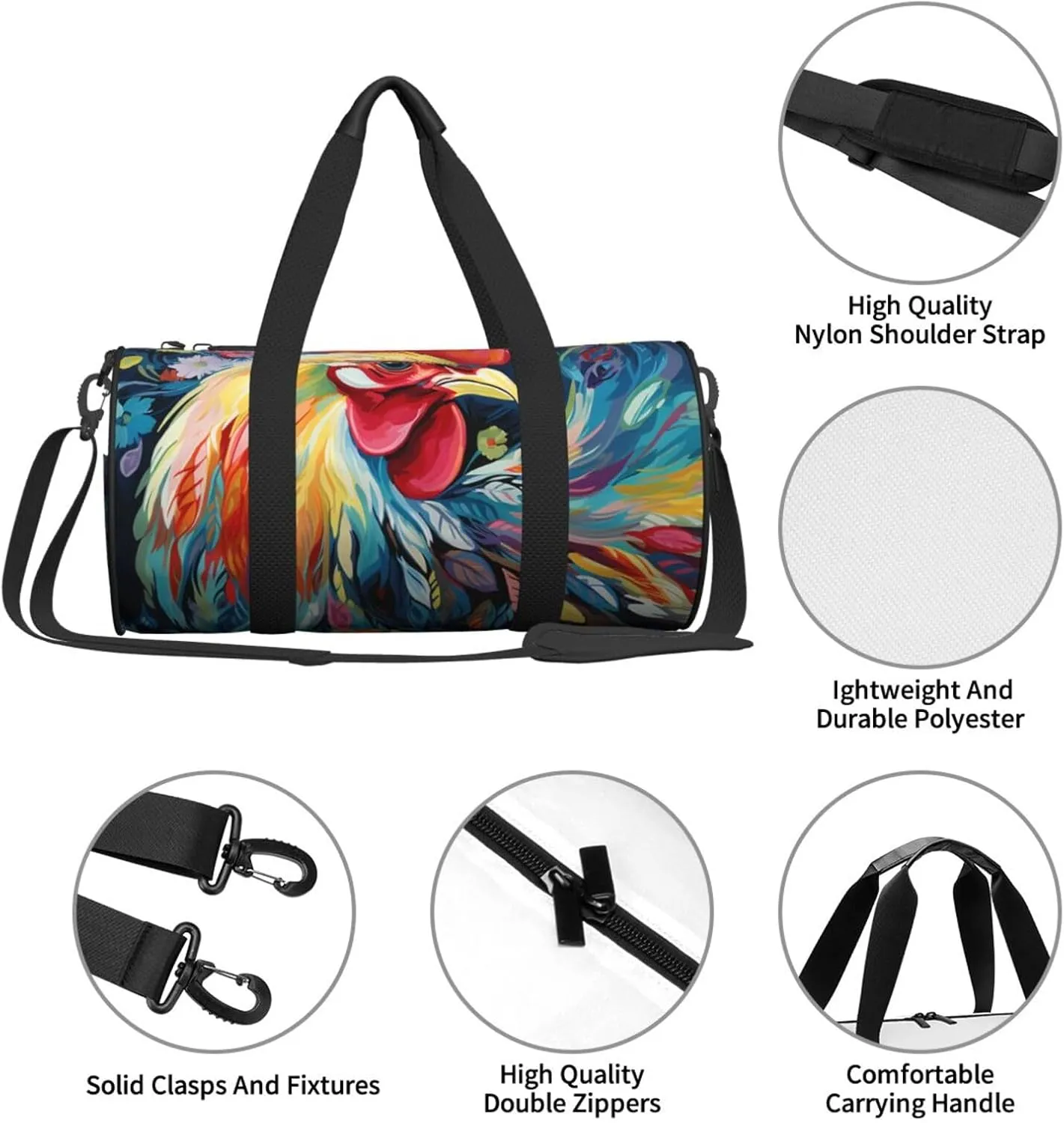 Travel Duffle Bag Weekender Bags for Men Women with Shoe Compartment Large Capacity Weekender Overnight Bag Art colorful Chicken Carry On Tote Bags Sport Gym Bag for Travel Yoga