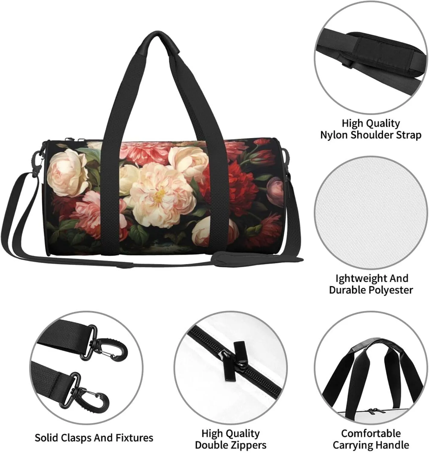 Travel Duffle Bag Weekender Bags for Men Women with Shoe Compartment Large Capacity Weekender Overnight Bag Bowl with Peonies and Rose Carry On Tote Bags Sport Gym Bag for Travel Yoga