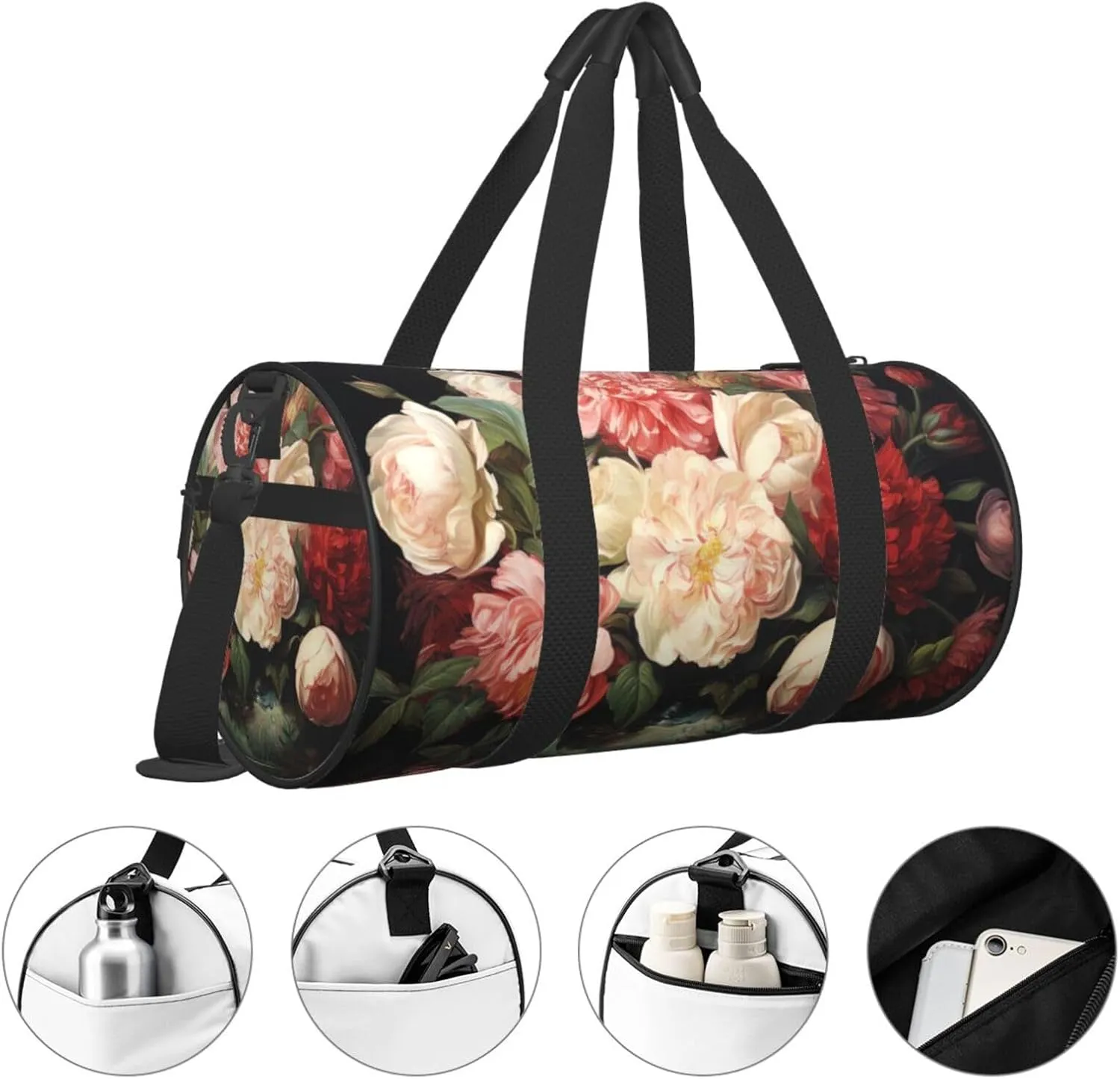 Travel Duffle Bag Weekender Bags for Men Women with Shoe Compartment Large Capacity Weekender Overnight Bag Bowl with Peonies and Rose Carry On Tote Bags Sport Gym Bag for Travel Yoga