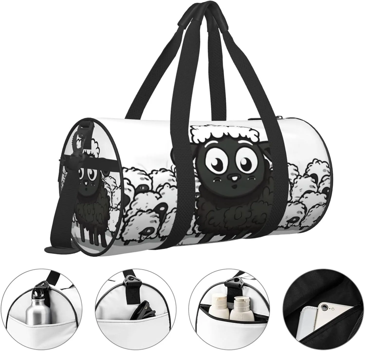 Travel Duffle Bag Weekender Bags For Men Women With Shoe Compartment Large Capacity Weekender Overnight Bag Cartoon Black White Sheep Carry On Tote Bags Sport Gym Bag For Travel Yoga