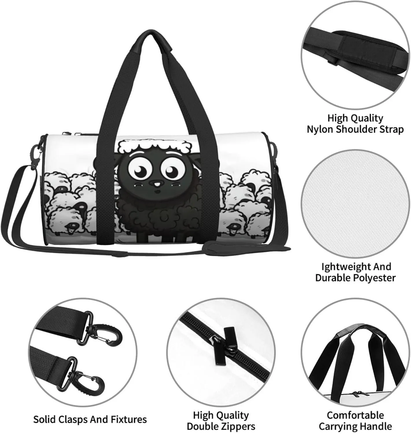Travel Duffle Bag Weekender Bags For Men Women With Shoe Compartment Large Capacity Weekender Overnight Bag Cartoon Black White Sheep Carry On Tote Bags Sport Gym Bag For Travel Yoga