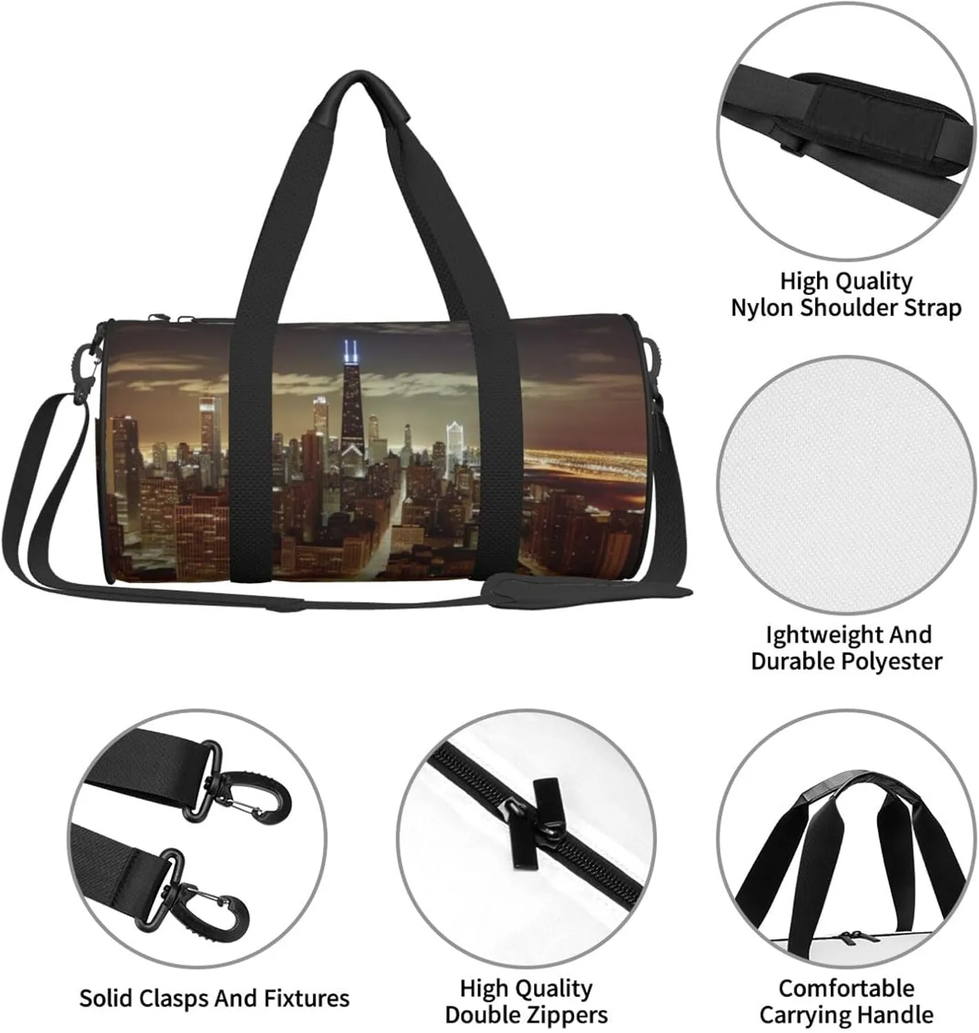 Travel Duffle Bag Weekender Bags For Men Women With Shoe Compartment Large Capacity Weekender Overnight Bag Chicago City Carry On Tote Bags Sport Gym Bag For Travel Yoga