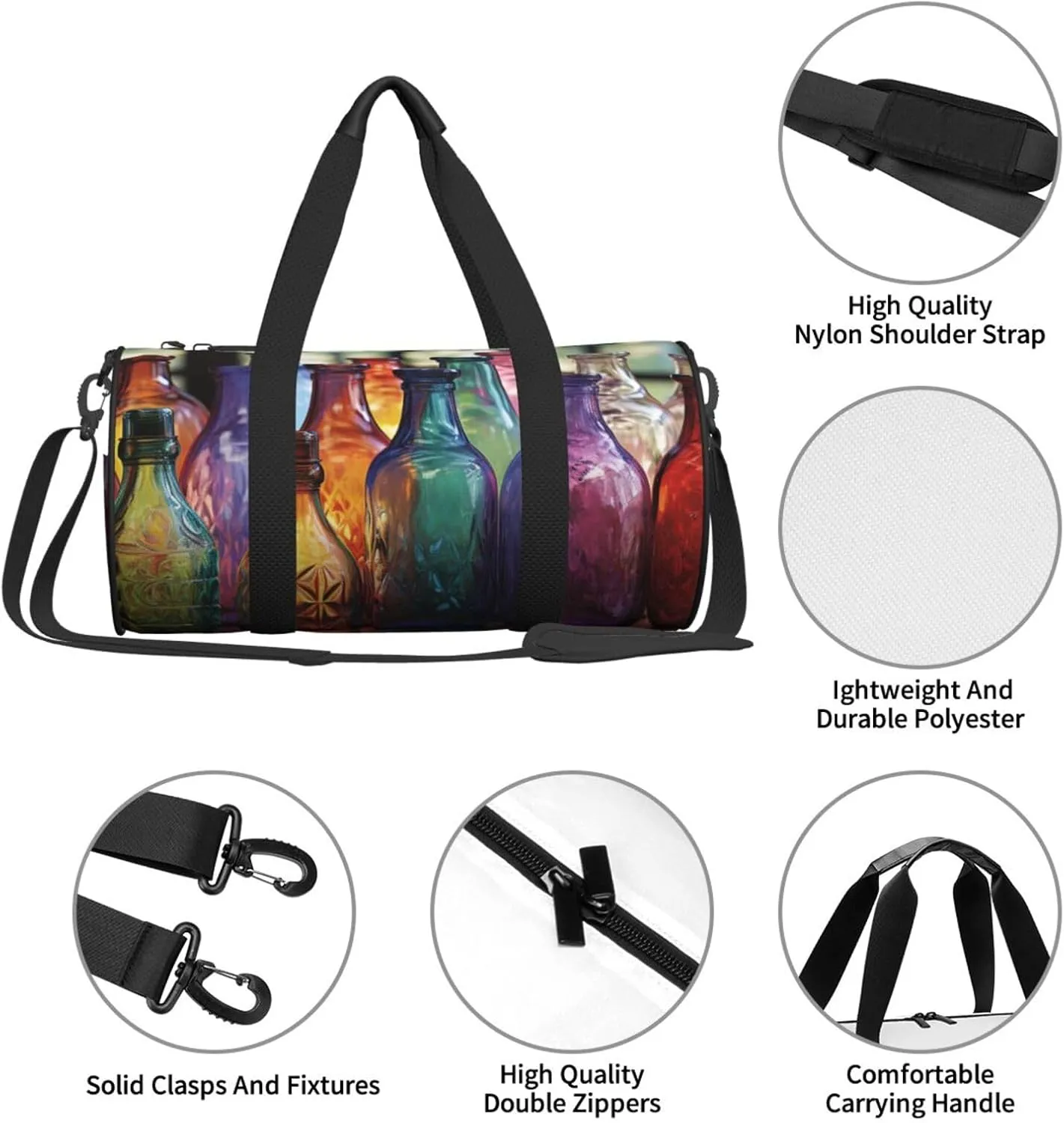 Travel Duffle Bag Weekender Bags For Men Women With Shoe Compartment Large Capacity Weekender Overnight Bag Colorful Glass Bottle Carry On Tote Bags Sport Gym Bag For Travel Yoga
