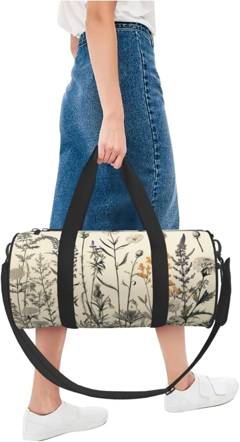 Travel Duffle Bag Weekender Bags for Men Women with Shoe Compartment Large Capacity Weekender Overnight Bag Floral Herbs Botanical Engraving Carry On Tote Bags Sport Gym Bag for Travel Yoga