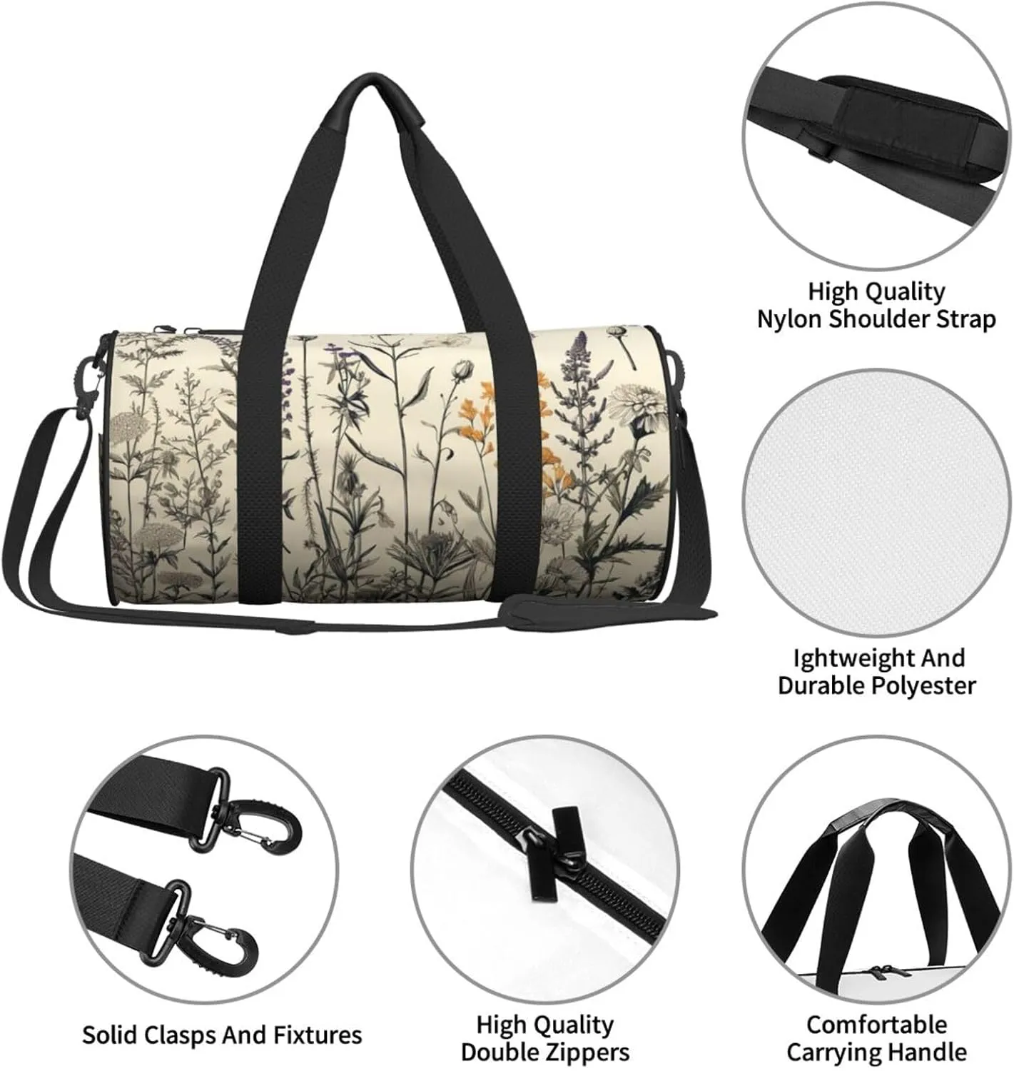 Travel Duffle Bag Weekender Bags for Men Women with Shoe Compartment Large Capacity Weekender Overnight Bag Floral Herbs Botanical Engraving Carry On Tote Bags Sport Gym Bag for Travel Yoga