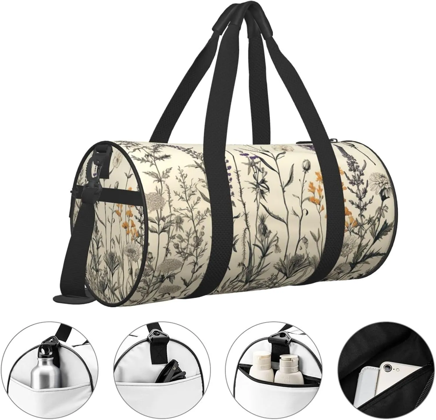 Travel Duffle Bag Weekender Bags for Men Women with Shoe Compartment Large Capacity Weekender Overnight Bag Floral Herbs Botanical Engraving Carry On Tote Bags Sport Gym Bag for Travel Yoga
