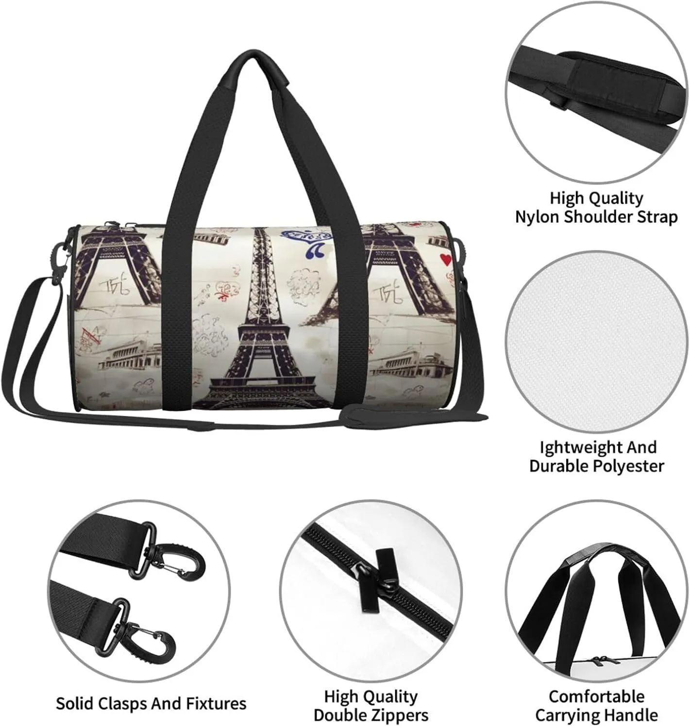 Travel Duffle Bag Weekender Bags For Men Women With Shoe Compartment Large Capacity Weekender Overnight Bag French Paris Tour Eiffel Tower Carry On Tote Bags Sport Gym Bag For Travel Yoga