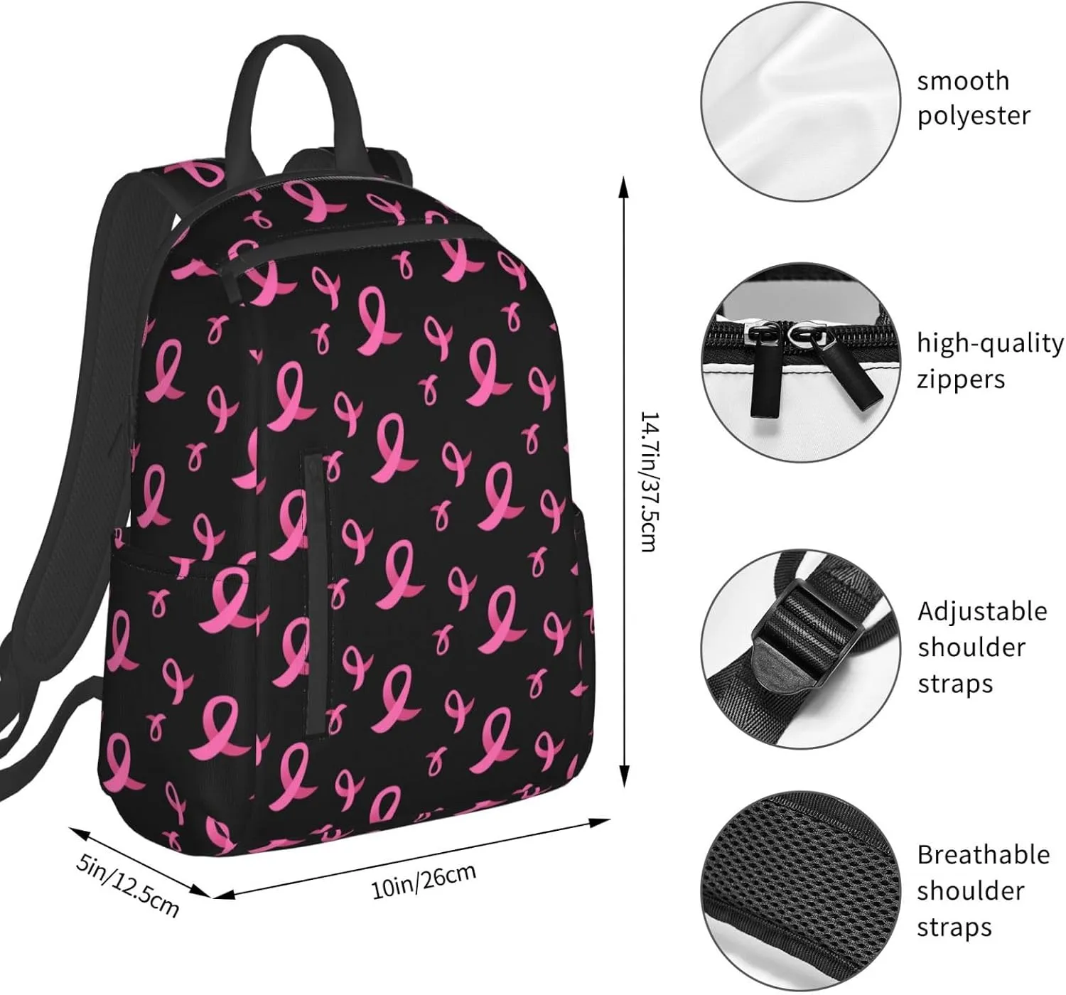 Travel Laptop Backpack Business Breast cancer awareness ribbons black College Computer Bag Gift for Men & Women