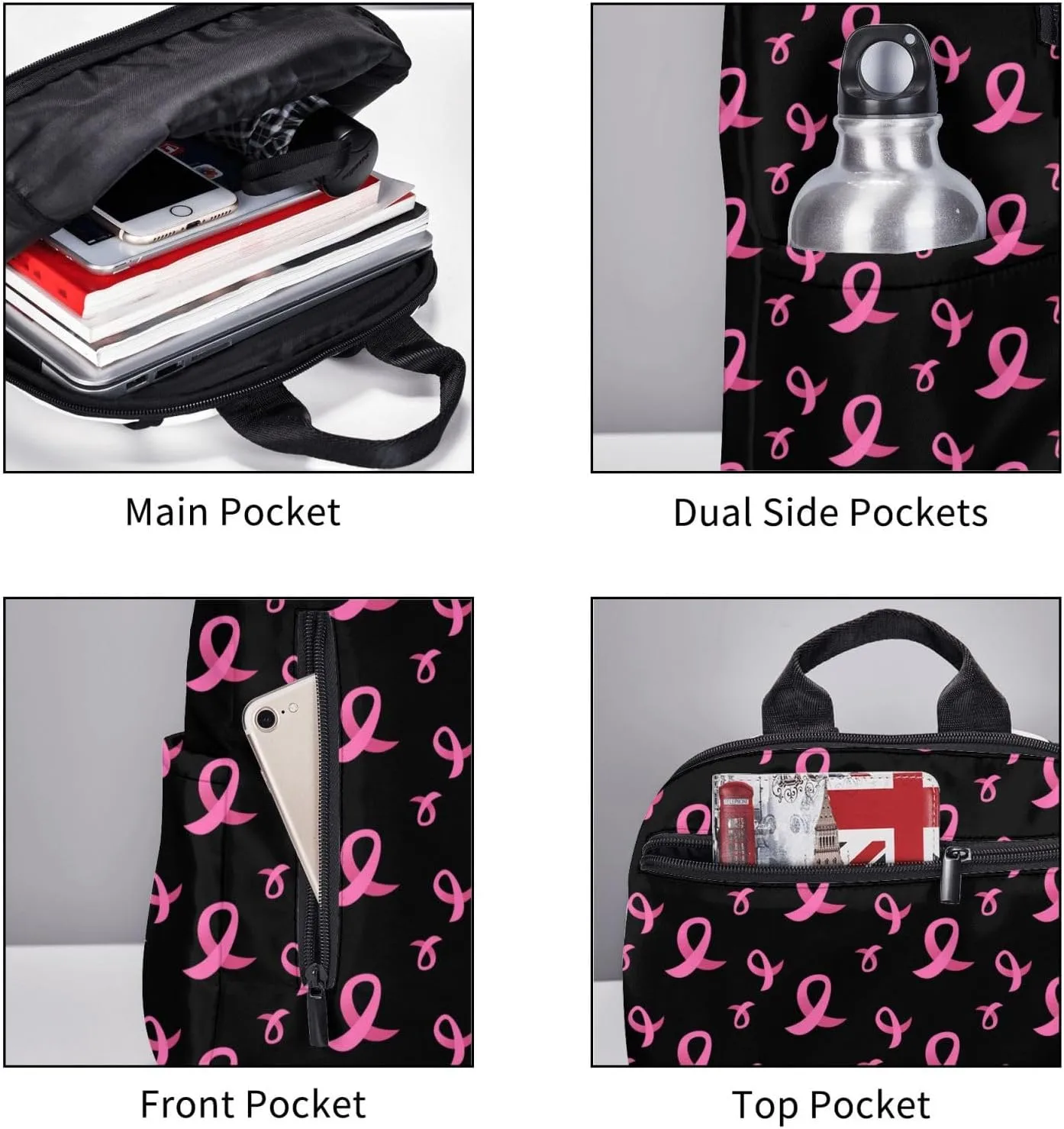 Travel Laptop Backpack Business Breast cancer awareness ribbons black College Computer Bag Gift for Men & Women