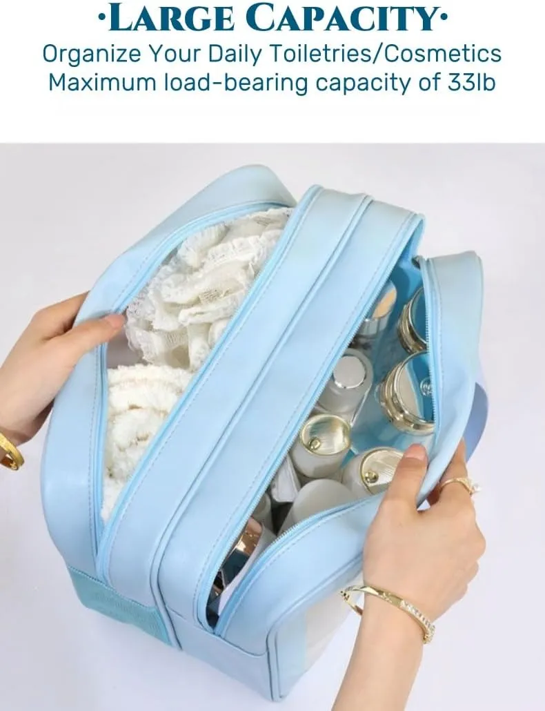Travel Makeup Bag, Cosmetic Bag Make Up Organizer Case,Large Wide-open Pouch for Women Purse for Toiletries Accessories Brushes,Wash Bag (Blue)