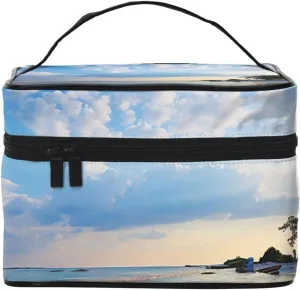 Travel Makeup Bag for Women Portable Cosmetic Bags Large Capacity Toiletry Bag Sea Island Sky Clouds Make up Organizer with Handle Travel Essentials Cosmetic Bag Case Organizer