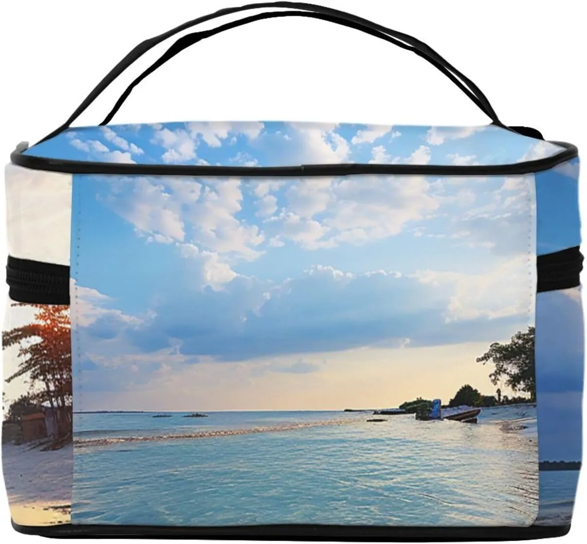 Travel Makeup Bag for Women Portable Cosmetic Bags Large Capacity Toiletry Bag Sea Island Sky Clouds Make up Organizer with Handle Travel Essentials Cosmetic Bag Case Organizer