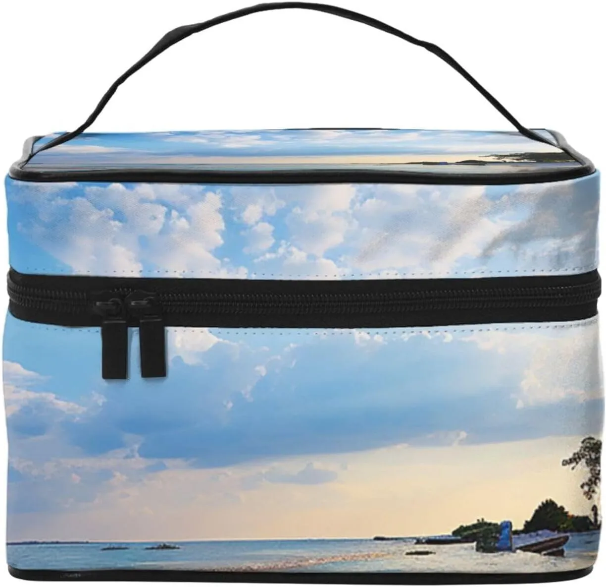 Travel Makeup Bag for Women Portable Cosmetic Bags Large Capacity Toiletry Bag Sea Island Sky Clouds Make up Organizer with Handle Travel Essentials Cosmetic Bag Case Organizer