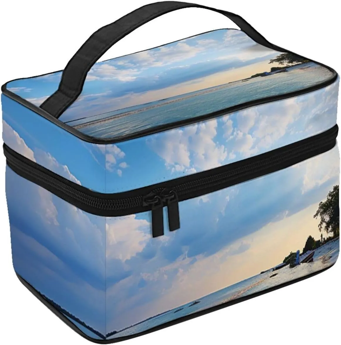 Travel Makeup Bag for Women Portable Cosmetic Bags Large Capacity Toiletry Bag Sea Island Sky Clouds Make up Organizer with Handle Travel Essentials Cosmetic Bag Case Organizer