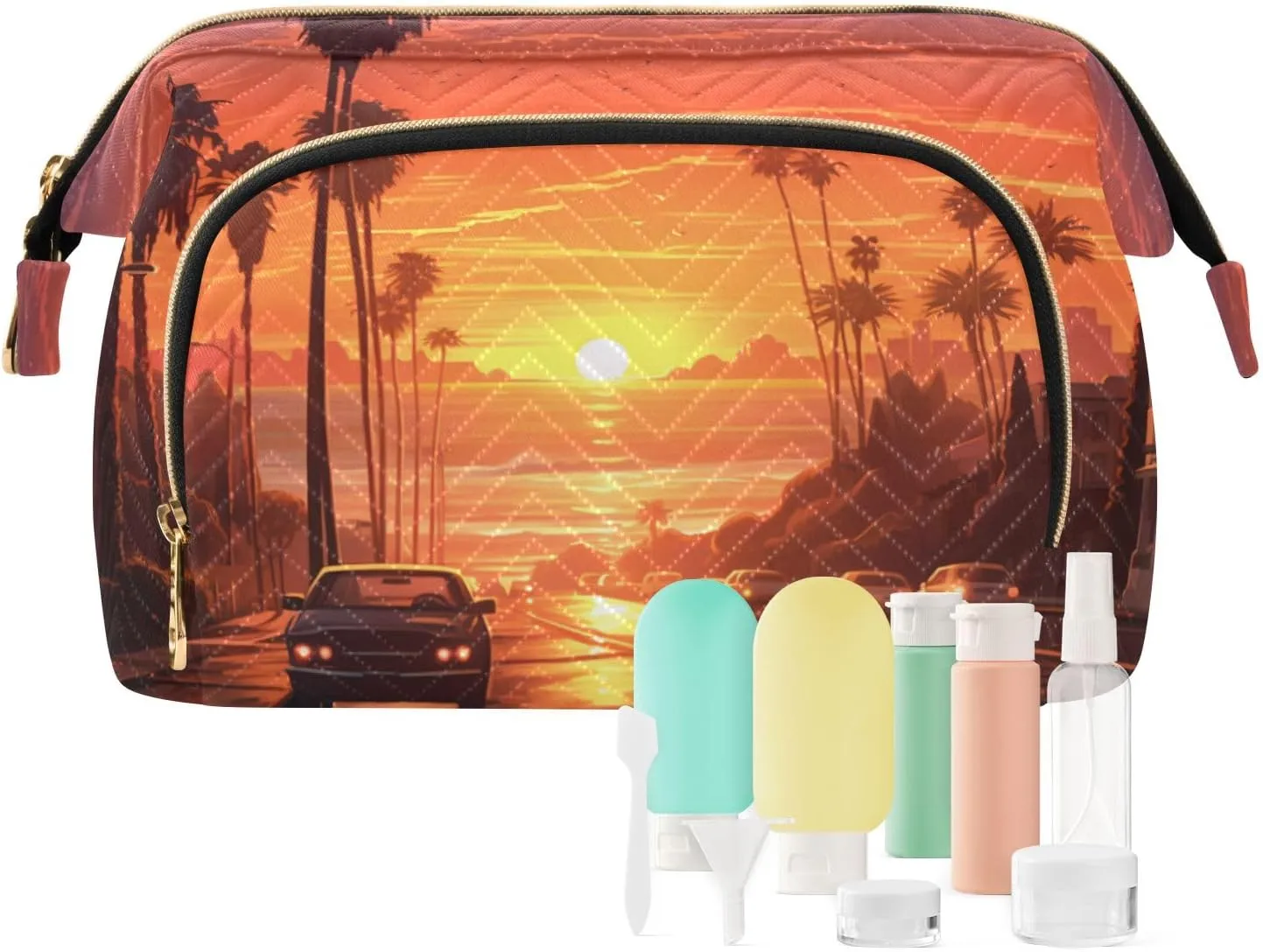Travel Makeup Bag Sunset Street Car Landscape Large Capacity Cosmetic Bags for Women