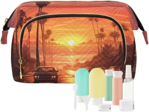 Travel Makeup Bag Sunset Street Car Landscape Large Capacity Cosmetic Bags for Women