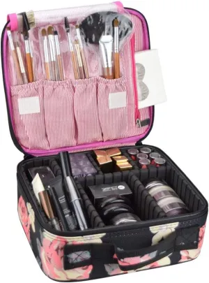Travel Makeup Bag, Waterproof Portable Storage Cosmetic Case, Makeup Train Case, Professional Makeup Organizer Bag with Adjustable Dividers, Accessories Tools Case Brush Pouch for Men Women(Flower)