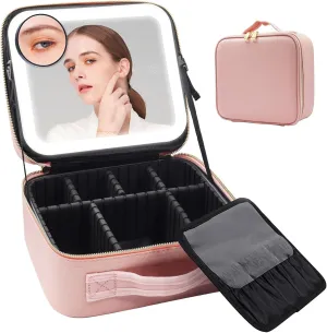 Travel Makeup Bag with LED Mirror, Cosmetic Bag Organizer, Waterproof Travel Cosmetic Bags with Adjustable Dividers, Makeup Case Ideal Gift for Mothers Women and Girls (pink)