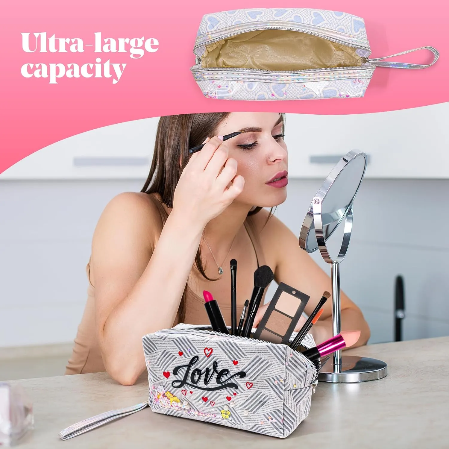 Travel Makeup Bag,Portable Cosmetic Bag, Large Capacity Travel Cosmetic Case Organizer, For Women Toiletry Bag With Zipper And Handle Heart-AB13 4 PACK