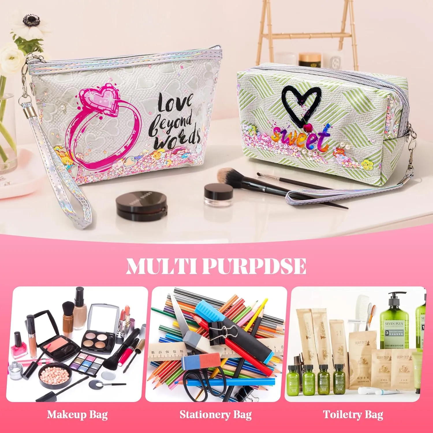 Travel Makeup Bag,Portable Cosmetic Bag, Large Capacity Travel Cosmetic Case Organizer, For Women Toiletry Bag With Zipper And Handle Heart-AB13 4 PACK