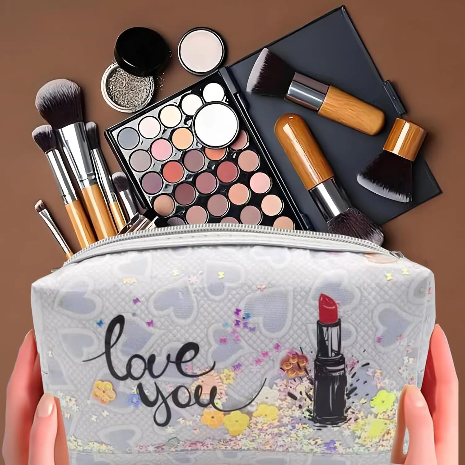 Travel Makeup Bag,Portable Cosmetic Bag, Large Capacity Travel Cosmetic Case Organizer, For Women Toiletry Bag With Zipper And Handle Heart-AB13 4 PACK