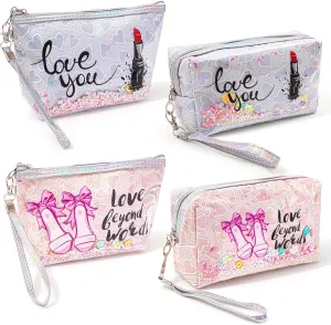 Travel Makeup Bag,Portable Cosmetic Bag, Large Capacity Travel Cosmetic Case Organizer, For Women Toiletry Bag With Zipper And Handle Heart-AB13 4 PACK