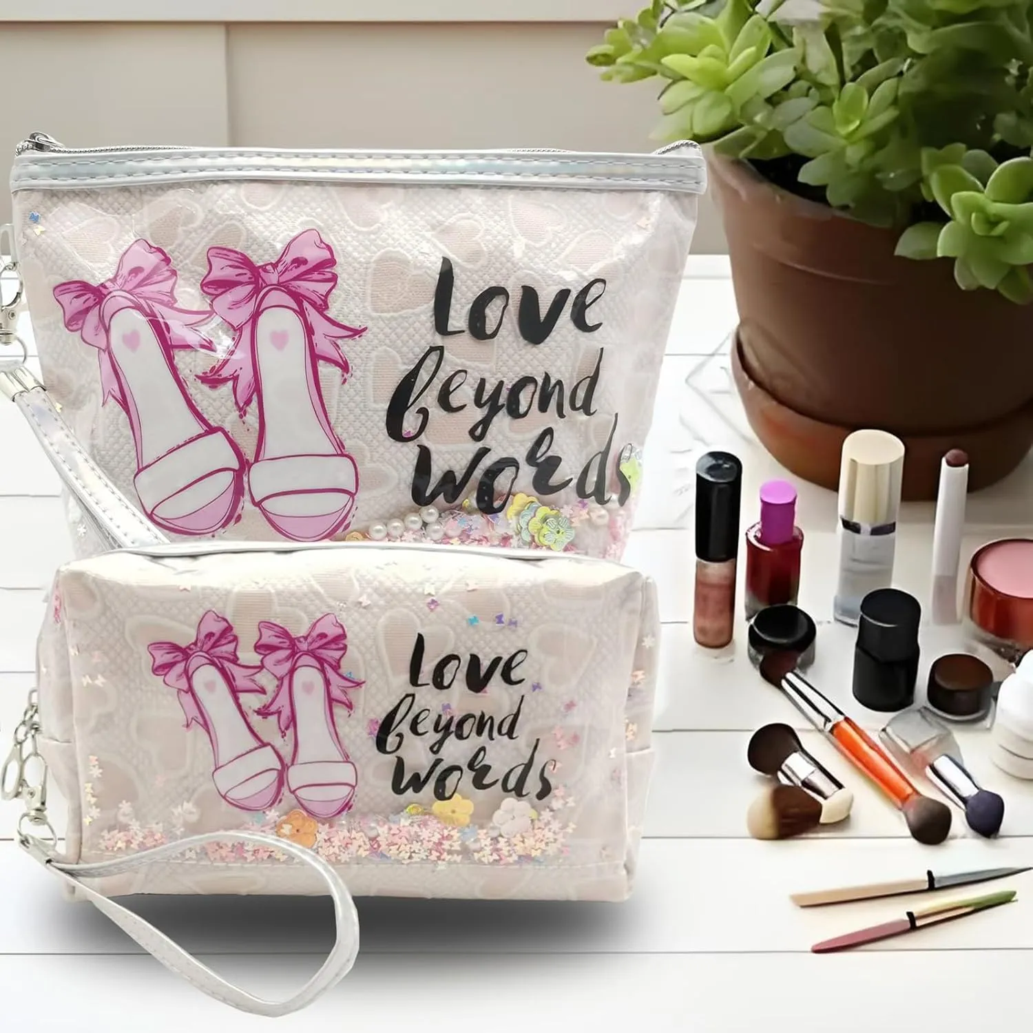 Travel Makeup Bag,Portable Cosmetic Bag, Large Capacity Travel Cosmetic Case Organizer, For Women Toiletry Bag With Zipper And Handle Heart-AB13 4 PACK