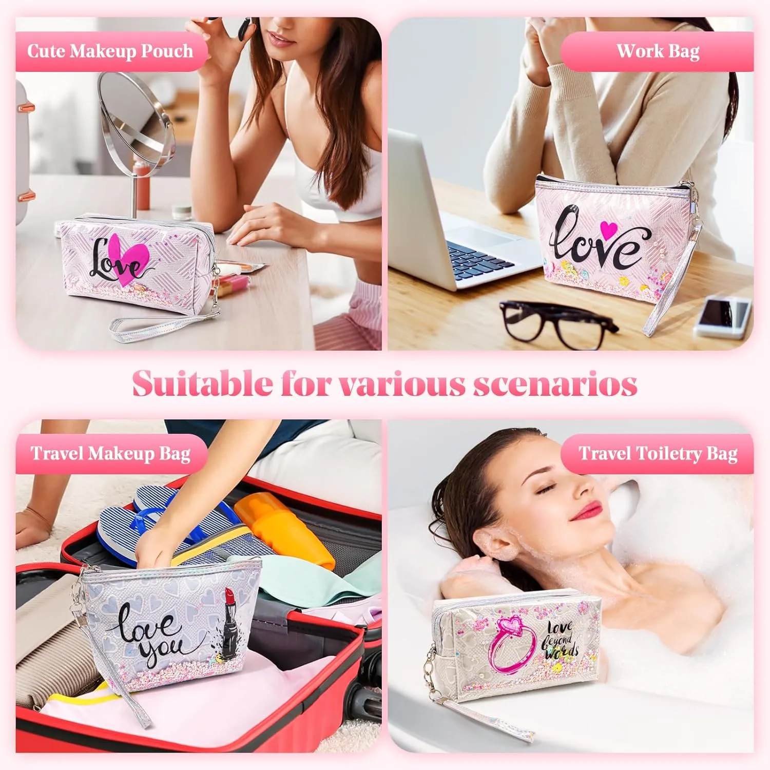 Travel Makeup Bag,Portable Cosmetic Bag, Large Capacity Travel Cosmetic Case Organizer, For Women Toiletry Bag With Zipper And Handle Heart-AB13 4 PACK