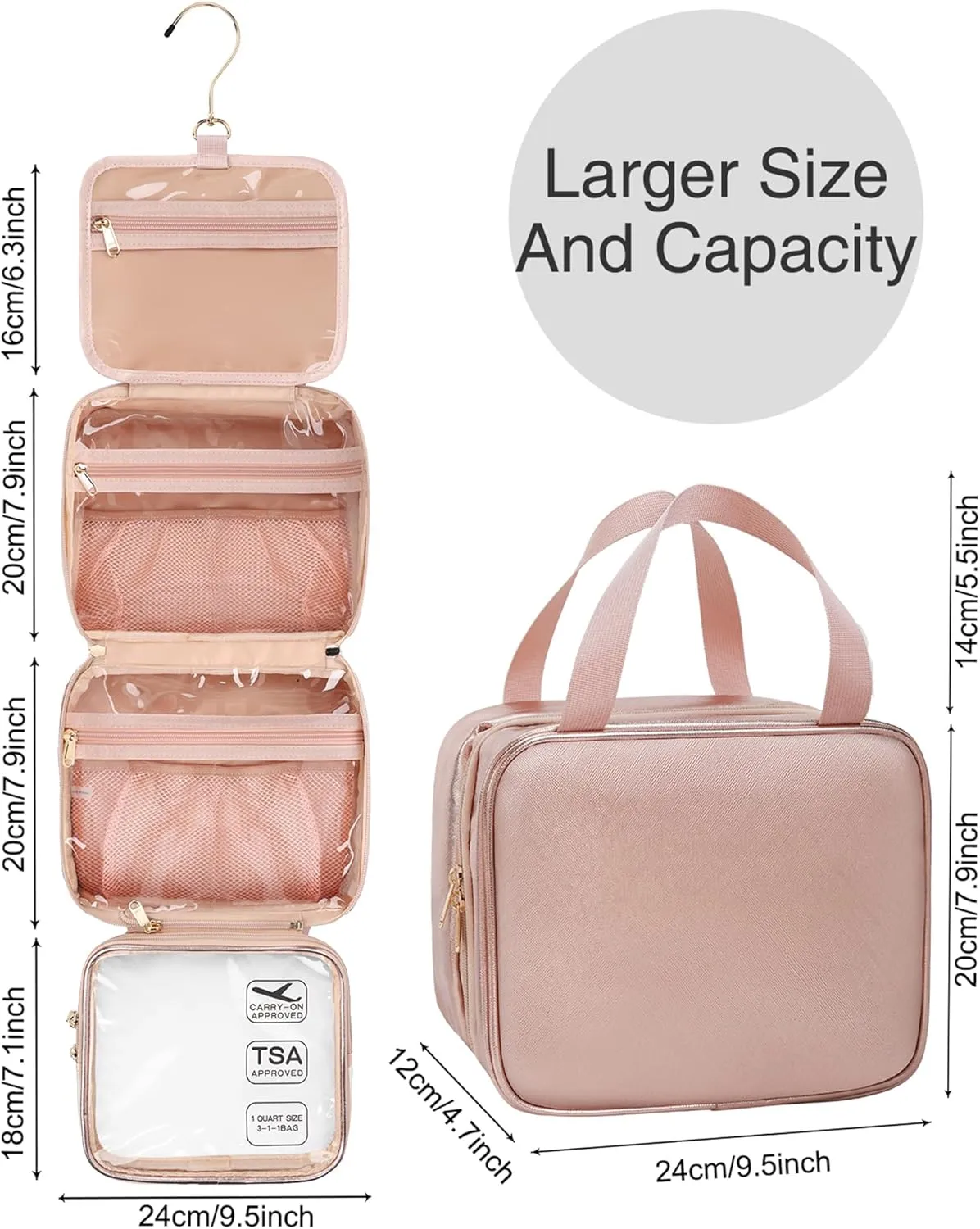 Travel Toiletry Bag for Women, Hanging Toiletry Bag for Toiletries Large Wash Bag for Full Sized Container, Makeup Cosmetic Bag Travel Organizer Waterproof Foldable Makeup Bag for Bathroom