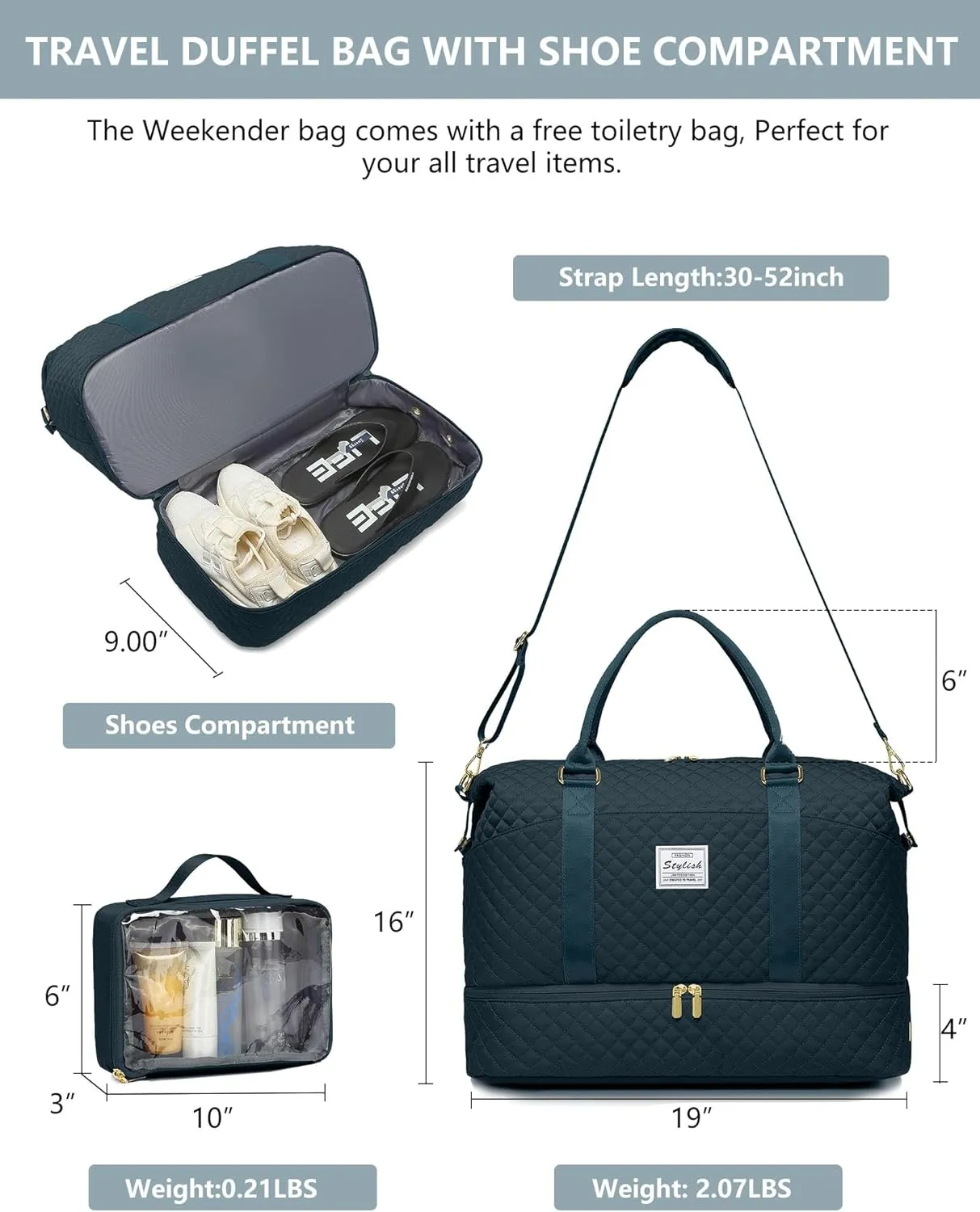Travel Weekender Bags For Women - Carry On Duffel Bags with Shoe Compartment Overnight teal Weekender Tote Bags with Wet Pocket Gym Duffle Bag for Travel Sports Weekend Hospital Peacock Blue