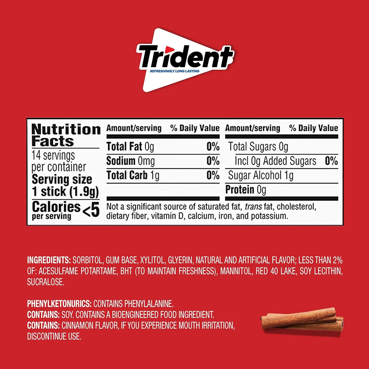 Trident Cinnamon Sugar Free Gum, 24 Packs of 14 Pieces (336 Total Pieces)