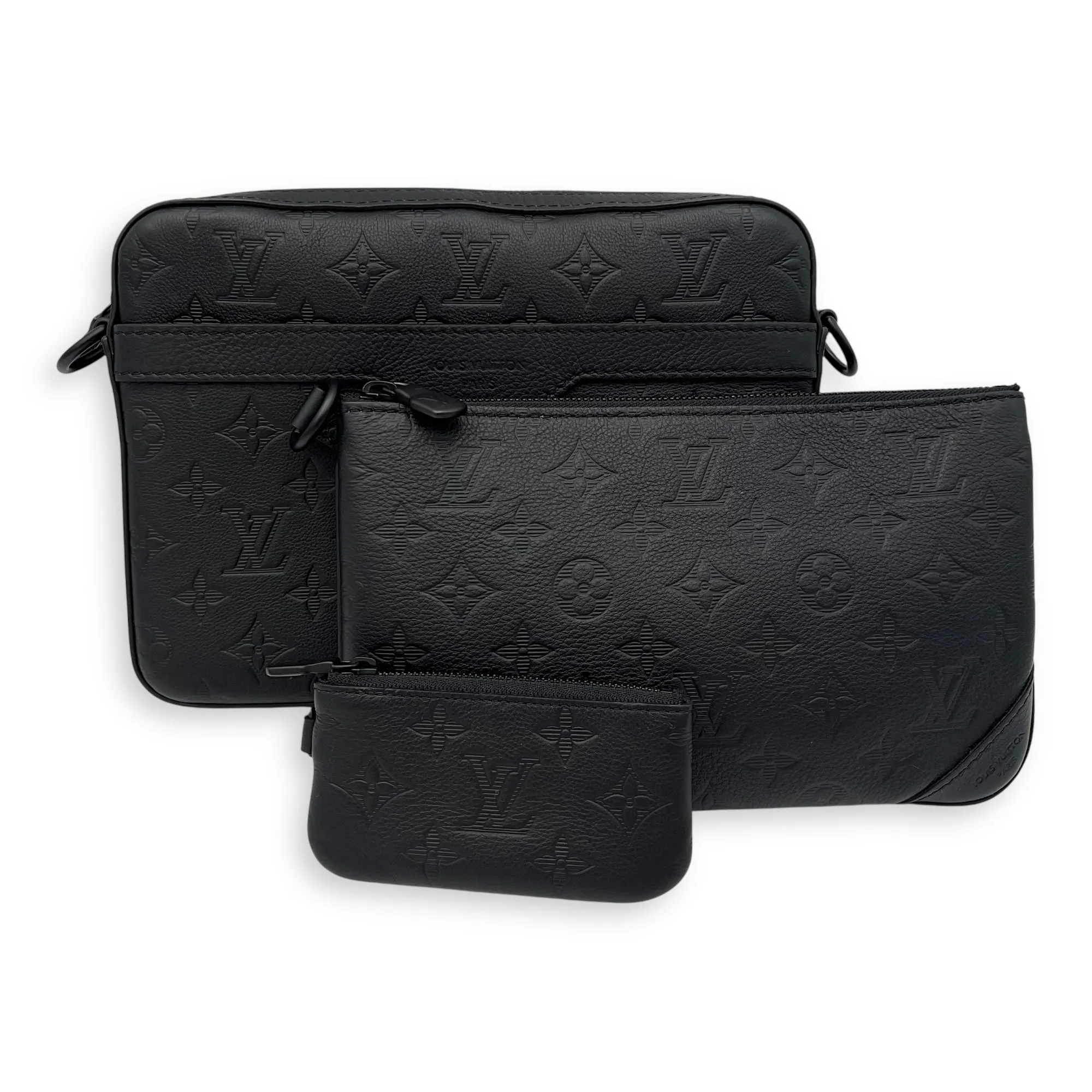 Trio Messenger Black Crossbody Bag in Monogram Shadow Leather, Lacquered Metal hardware