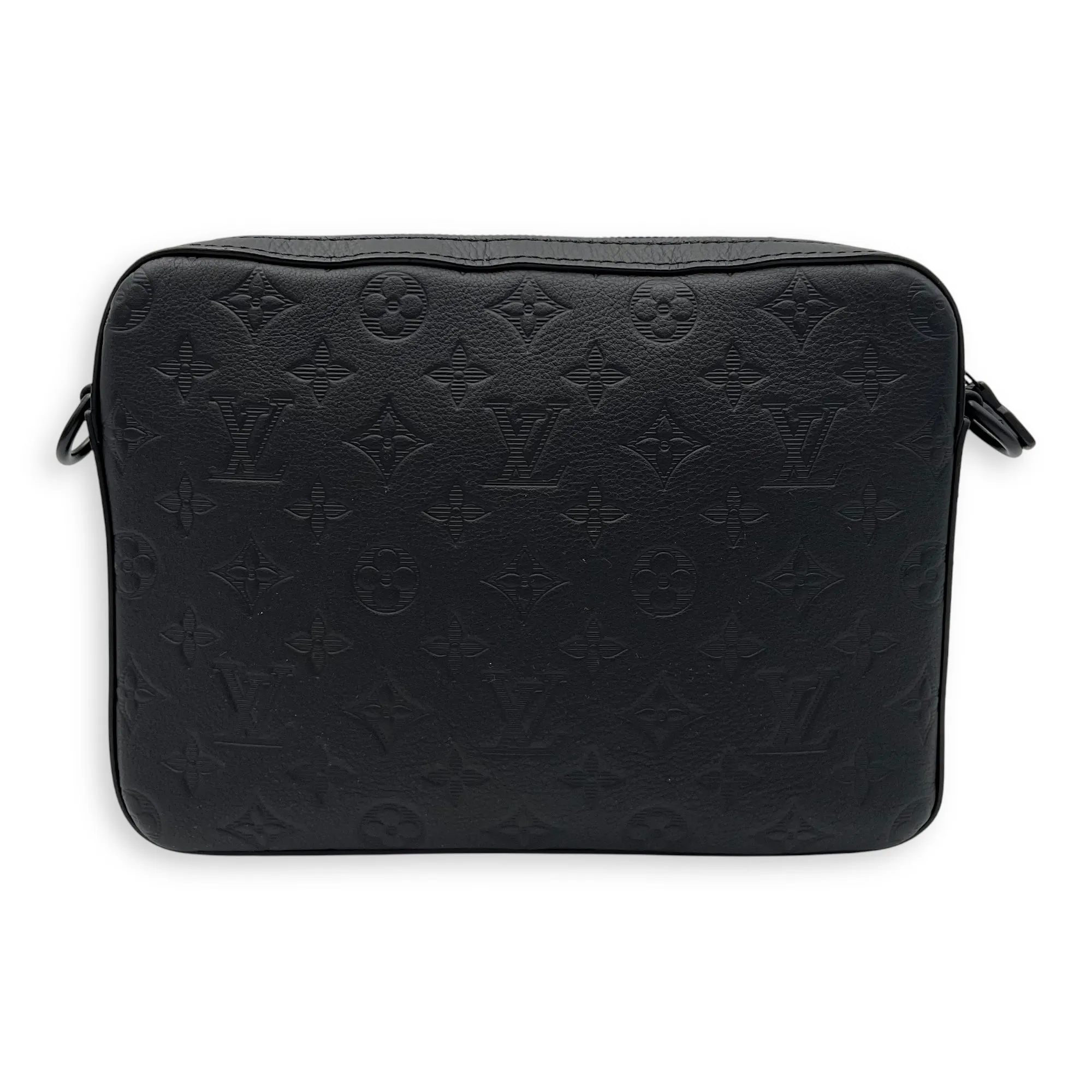 Trio Messenger Black Crossbody Bag in Monogram Shadow Leather, Lacquered Metal hardware