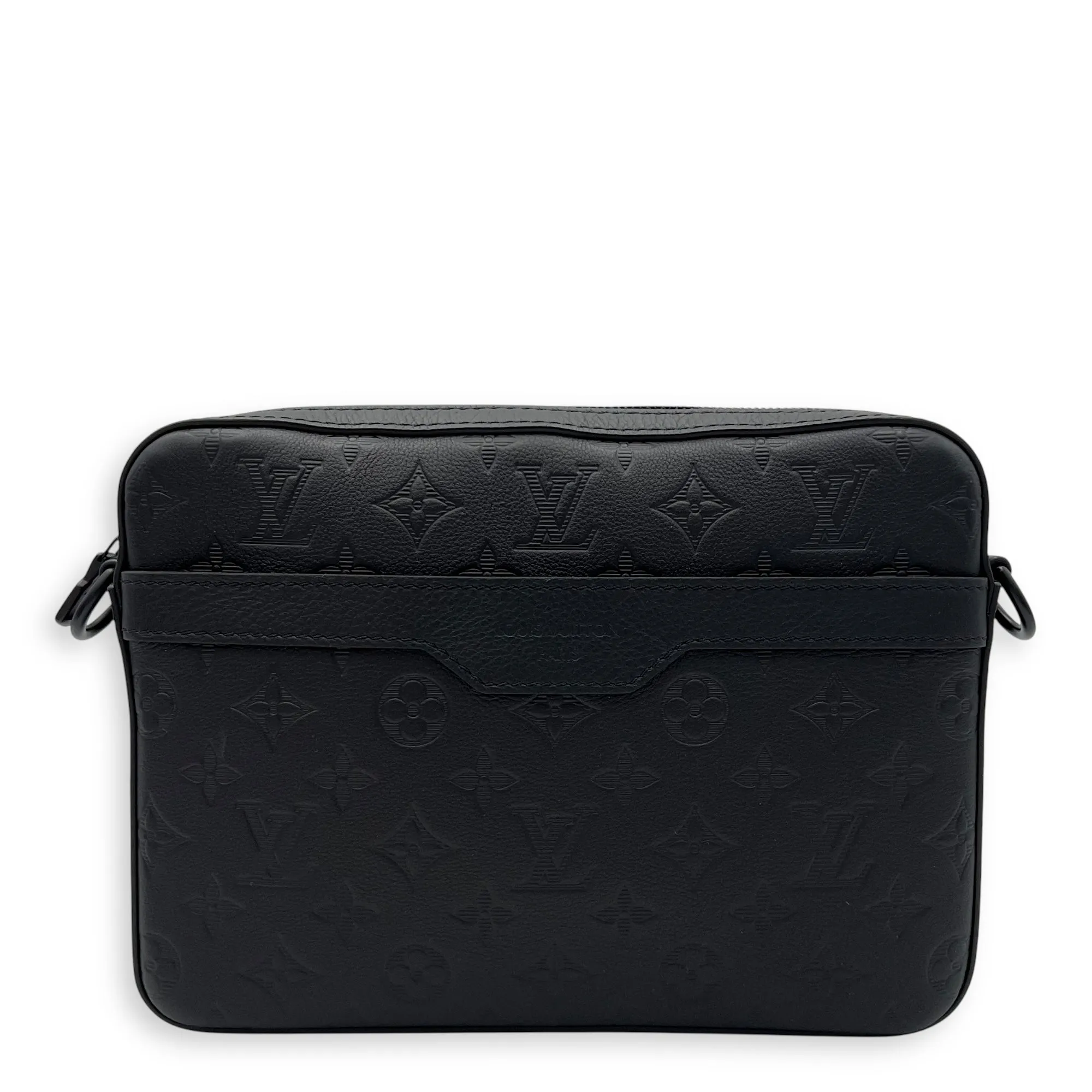 Trio Messenger Black Crossbody Bag in Monogram Shadow Leather, Lacquered Metal hardware