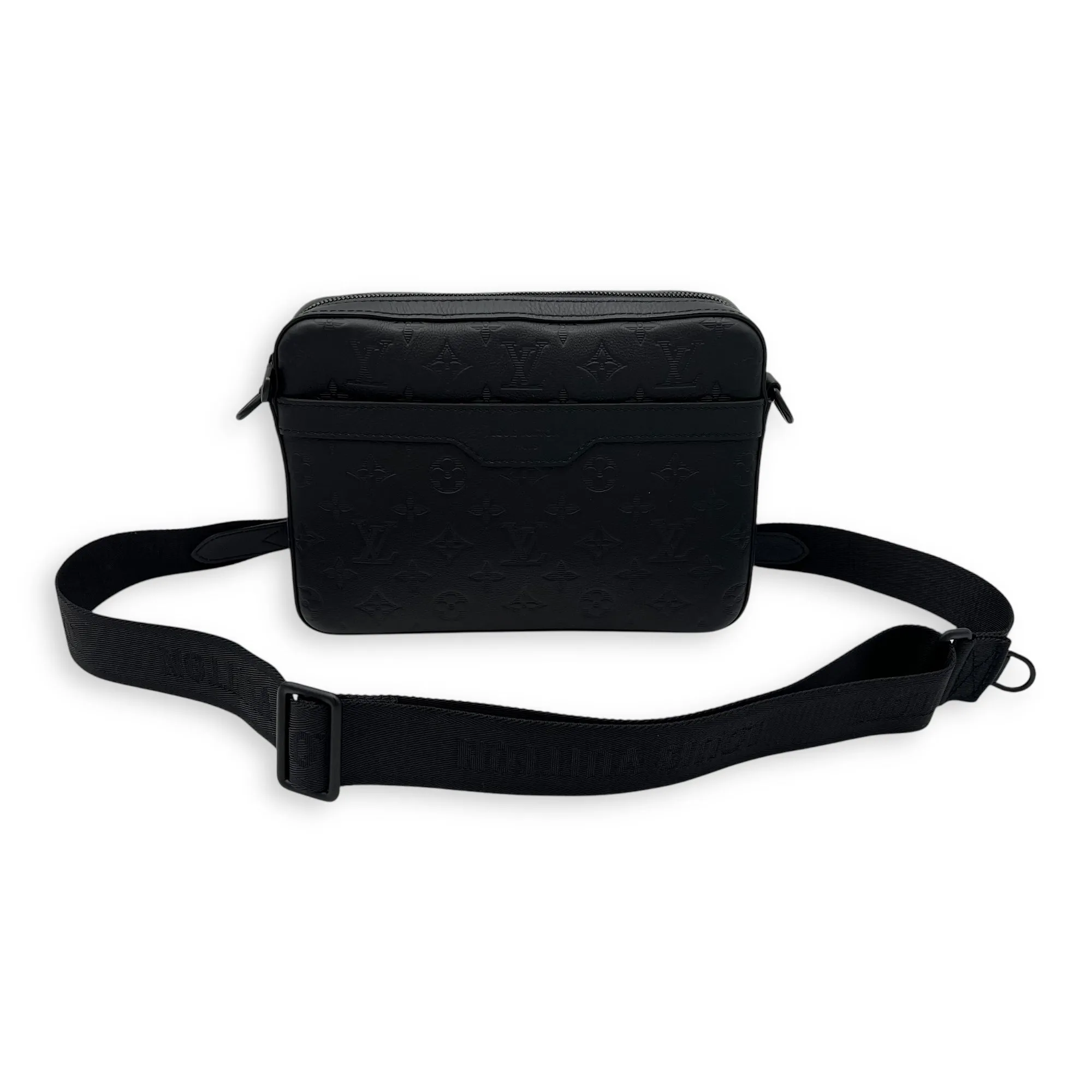 Trio Messenger Black Crossbody Bag in Monogram Shadow Leather, Lacquered Metal hardware