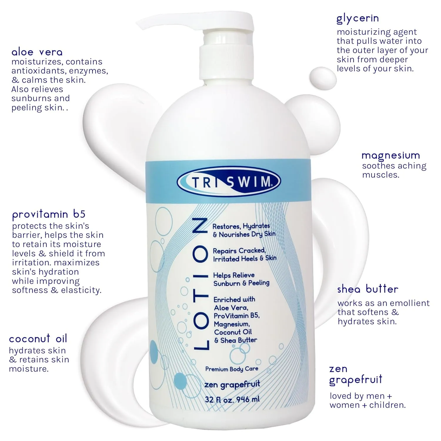 TRISWIM Swim Lotion 32oz | Neutralizes Chlorine, Bromine & Saltwater Odors | Hydrates, Restores & Nourishes Dry Skin | Aloe Vera, Shea Butter & Coconut Oil | Zen Grapefruit Scent