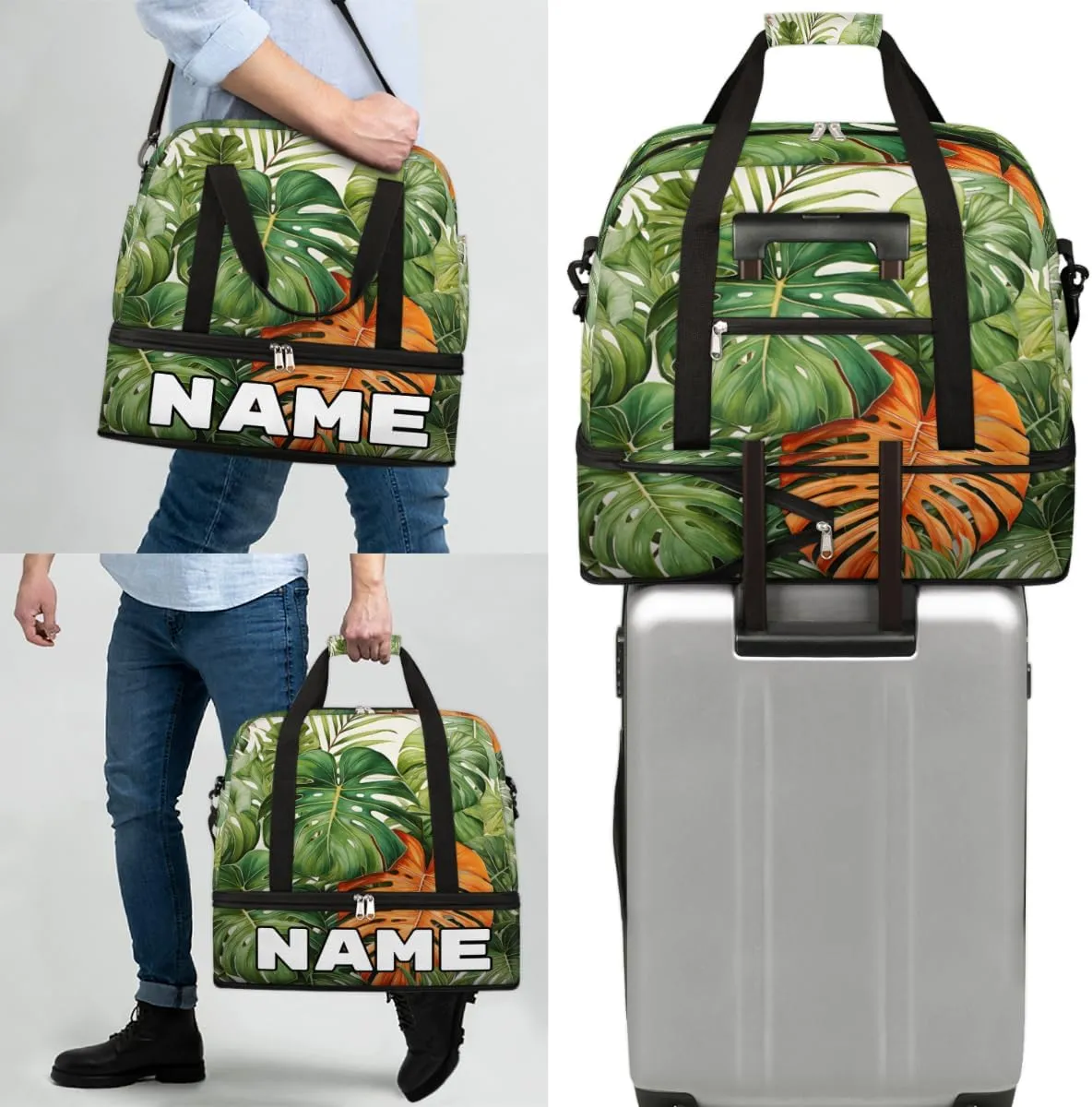 Tropical Palm leaf Custom Foldable Duffle Bag with Shoes Compartment Personalized Large Capacity Waterproof Travel Weekender Bag Overnight Bag for Sports Gym