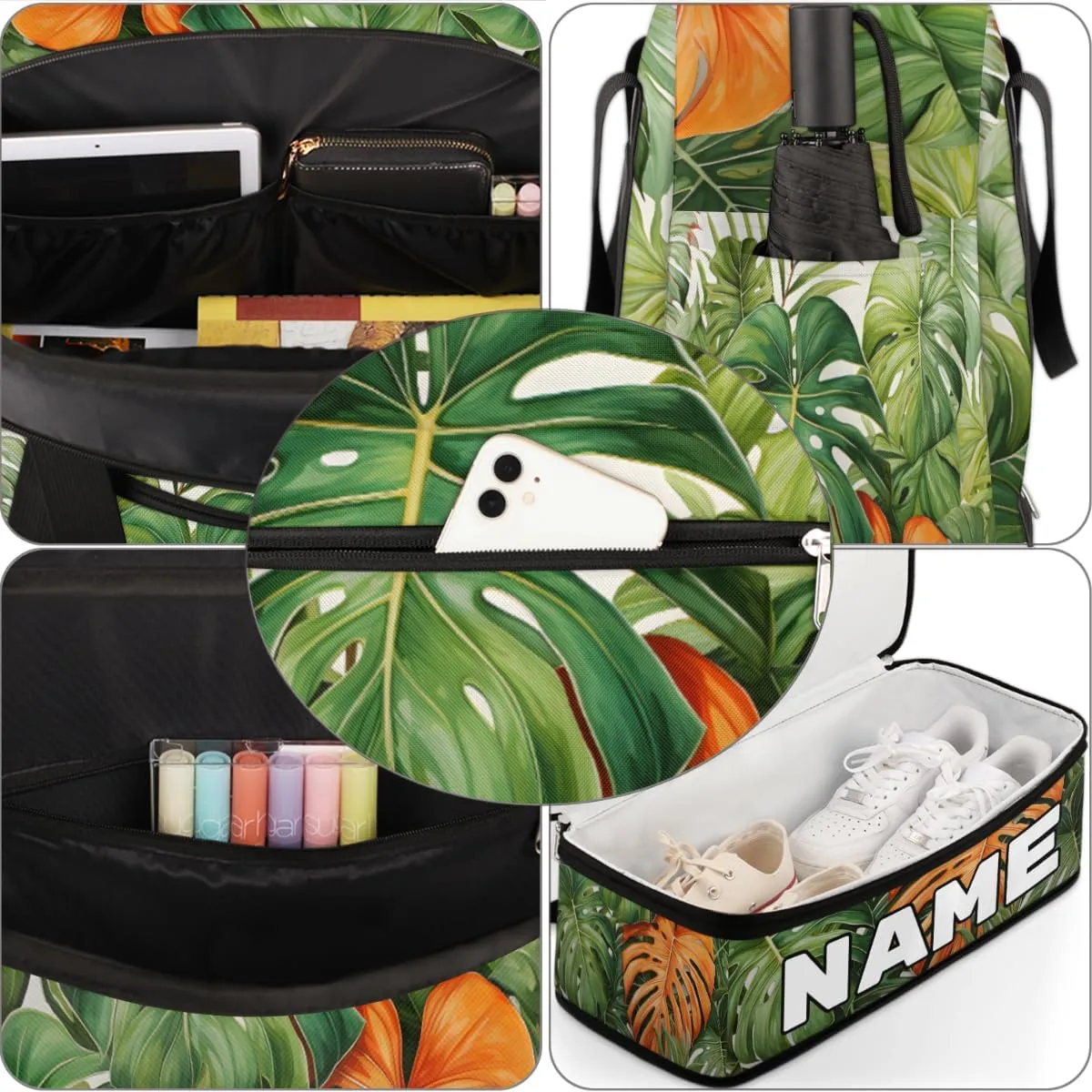 Tropical Palm leaf Custom Foldable Duffle Bag with Shoes Compartment Personalized Large Capacity Waterproof Travel Weekender Bag Overnight Bag for Sports Gym