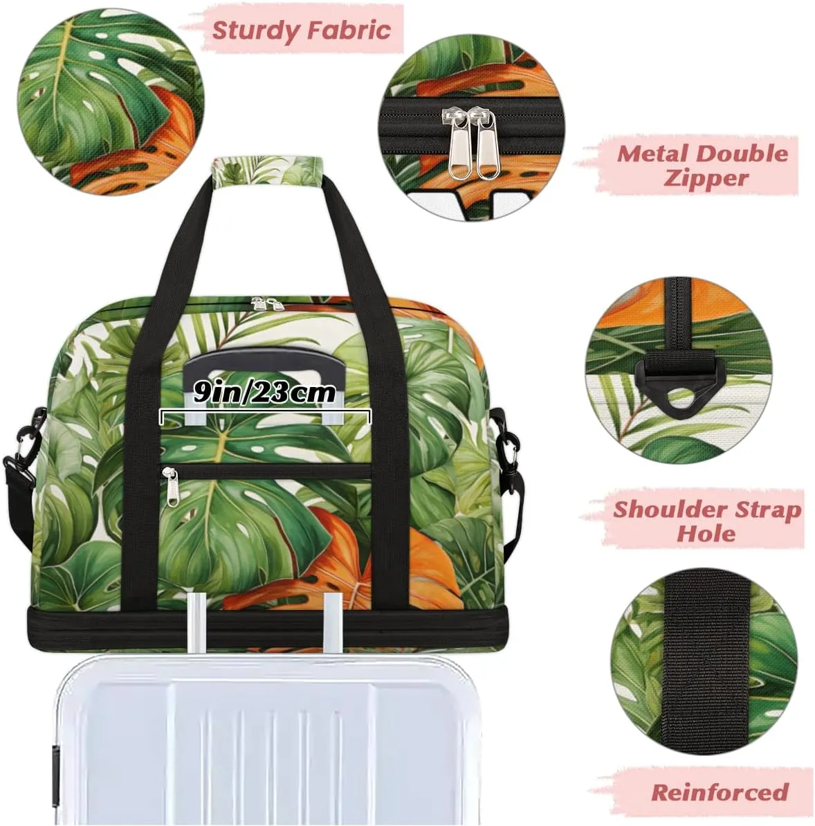 Tropical Palm leaf Custom Foldable Duffle Bag with Shoes Compartment Personalized Large Capacity Waterproof Travel Weekender Bag Overnight Bag for Sports Gym