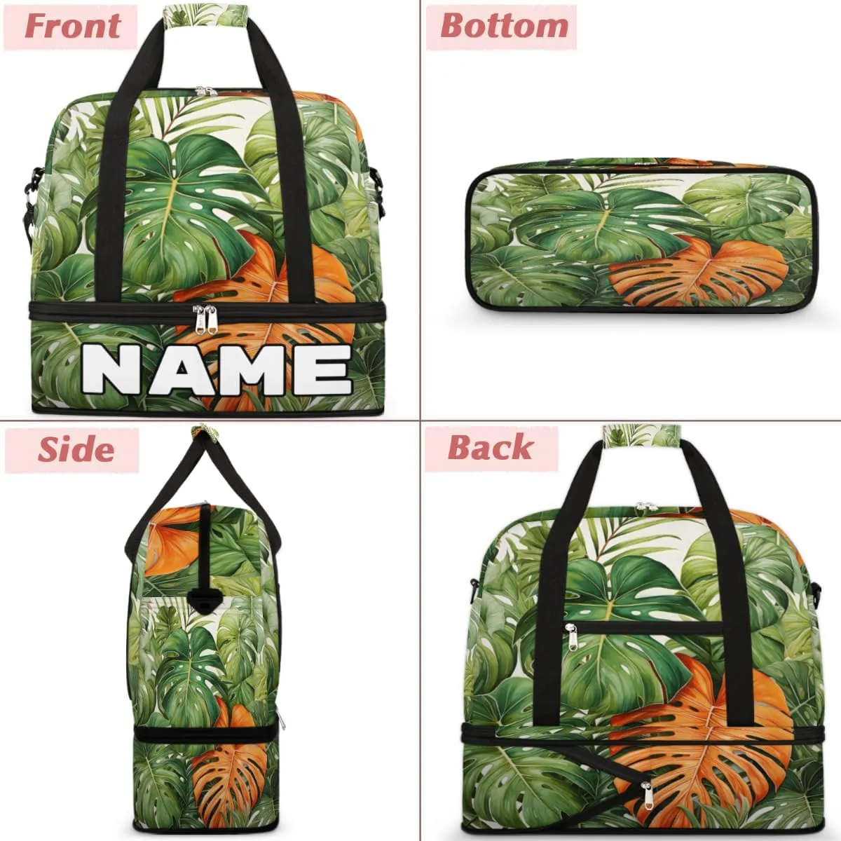Tropical Palm leaf Custom Foldable Duffle Bag with Shoes Compartment Personalized Large Capacity Waterproof Travel Weekender Bag Overnight Bag for Sports Gym