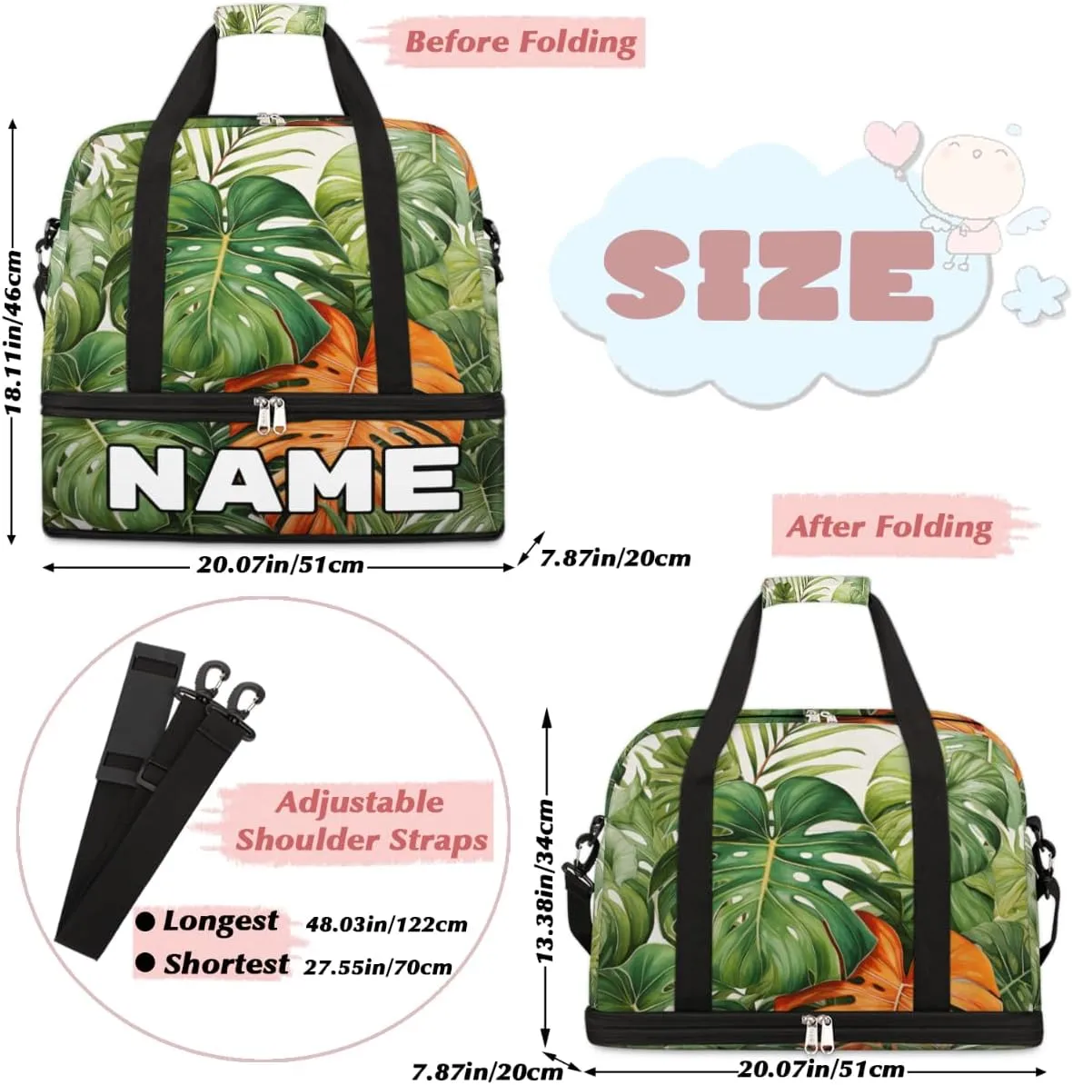 Tropical Palm leaf Custom Foldable Duffle Bag with Shoes Compartment Personalized Large Capacity Waterproof Travel Weekender Bag Overnight Bag for Sports Gym