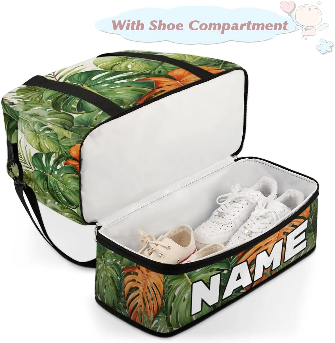 Tropical Palm leaf Custom Foldable Duffle Bag with Shoes Compartment Personalized Large Capacity Waterproof Travel Weekender Bag Overnight Bag for Sports Gym