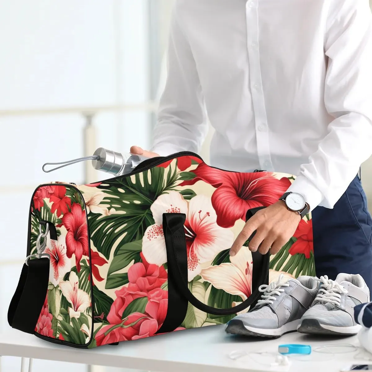 Tropical Palm Trees Flower Travel Duffel Bag for Women Men Waterproof Foldable Overnight Weekender Bag Large Capacity Sports Gym Bag