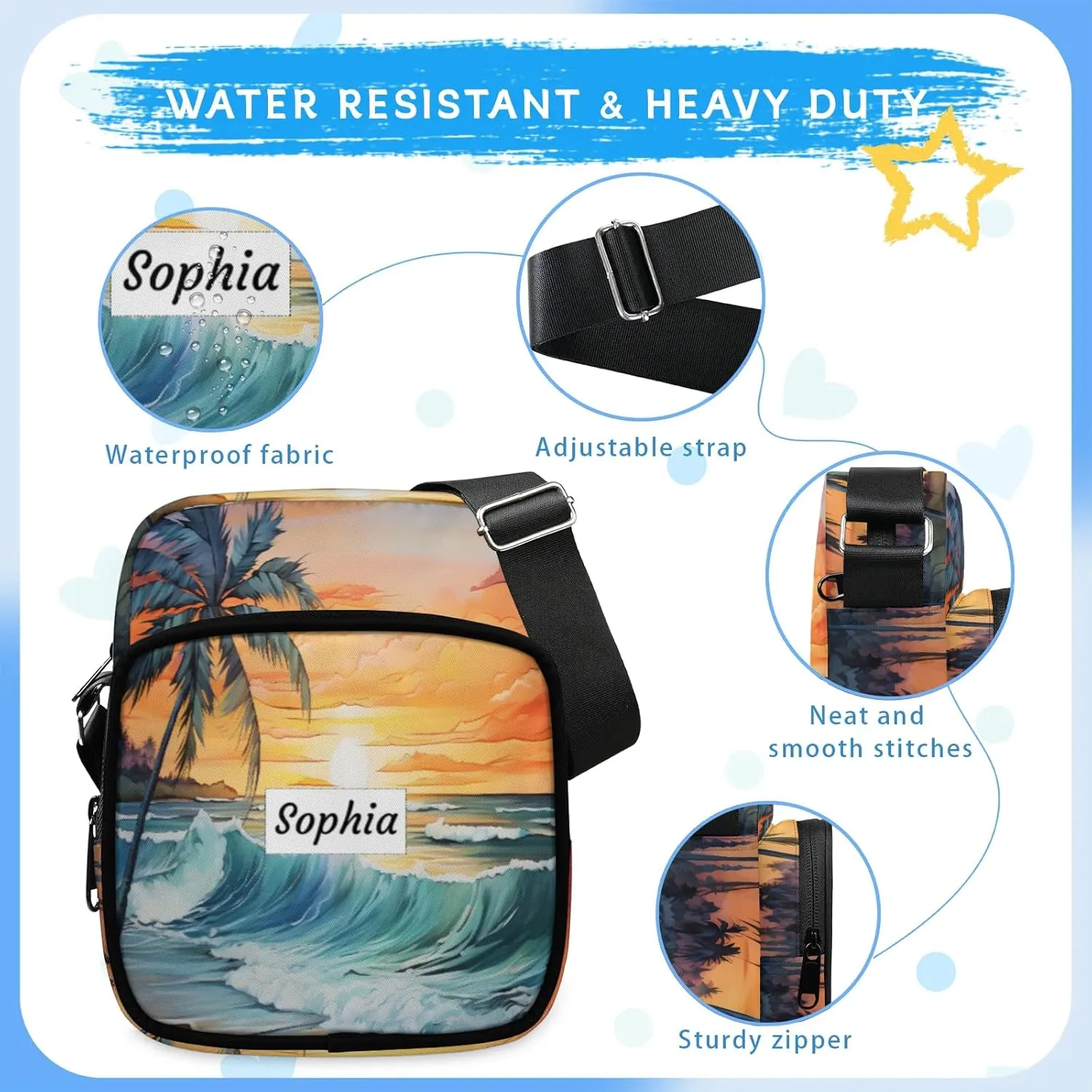 TropicalLife Personalized Crossbody Bag for Women Men Custom Name Messenger Bags