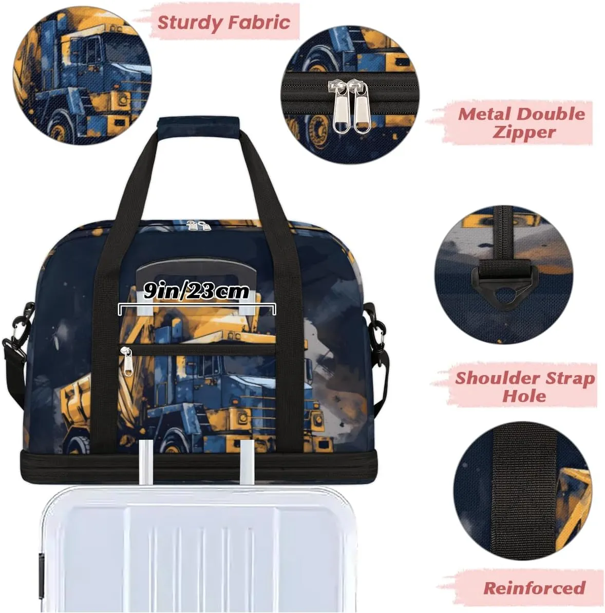 Truck Car Foldable Travel Duffel Bag Overnight Weekender Bag with Shoes Compartment Sports Gym Bag for Men Women