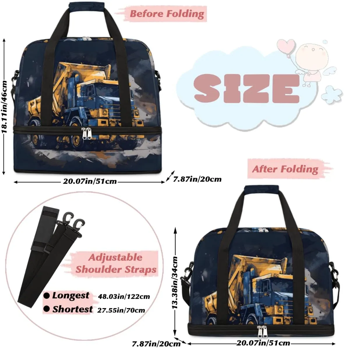 Truck Car Foldable Travel Duffel Bag Overnight Weekender Bag with Shoes Compartment Sports Gym Bag for Men Women