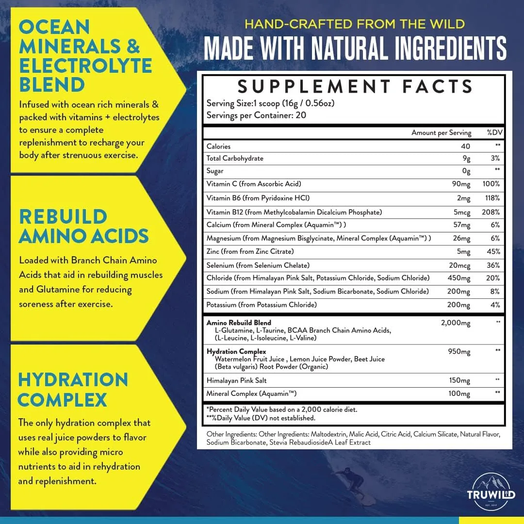 TruWild Natural Hydration Powder with Zero Sugar, Vegan Electrolytes   Amino Acids, Recovery Drink for Everyday Use, Post Workout Muscle Support Supplement with Magnesium (Passionfruit Guava)