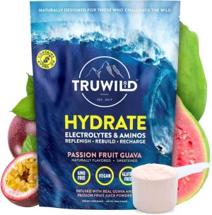 TruWild Natural Hydration Powder with Zero Sugar, Vegan Electrolytes   Amino Acids, Recovery Drink for Everyday Use, Post Workout Muscle Support Supplement with Magnesium (Passionfruit Guava)