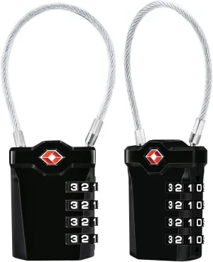 TSA Luggage Locks, 2 Packs, 4-Digit Combination Lock Security Padlock Travel Lock, with 14cm Flexible Cable for Suitcase Luggage Backpack School or Gym Cabinet, etc. (Black)