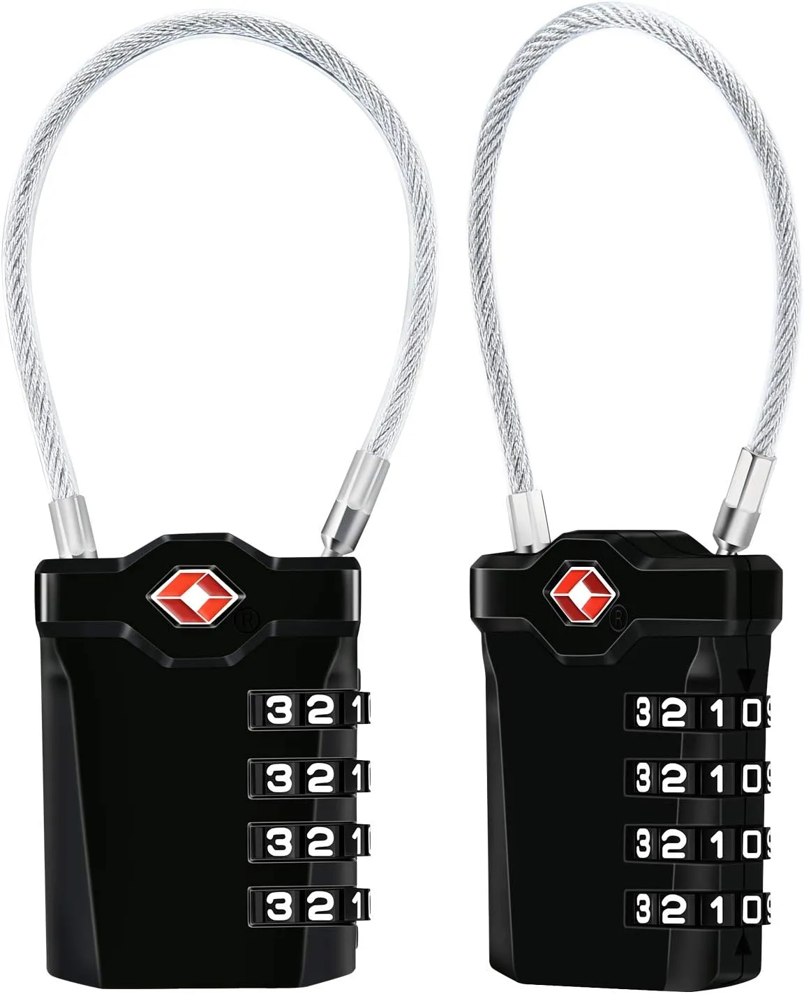TSA Luggage Locks, 2 Packs, 4-Digit Combination Lock Security Padlock Travel Lock, with 14cm Flexible Cable for Suitcase Luggage Backpack School or Gym Cabinet, etc. (Black)